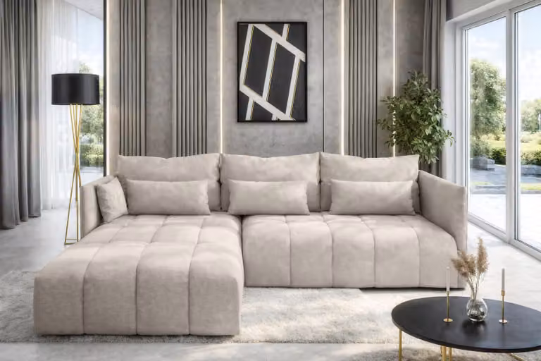 AX LIVING Divano ad angolo beige con funzione letto e contenitore Cosmova 248