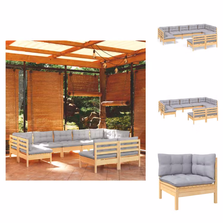 vidaXL Set 9 pezzi da giardino con cuscini grigi in pino massiccio - Set di mobili da giardino