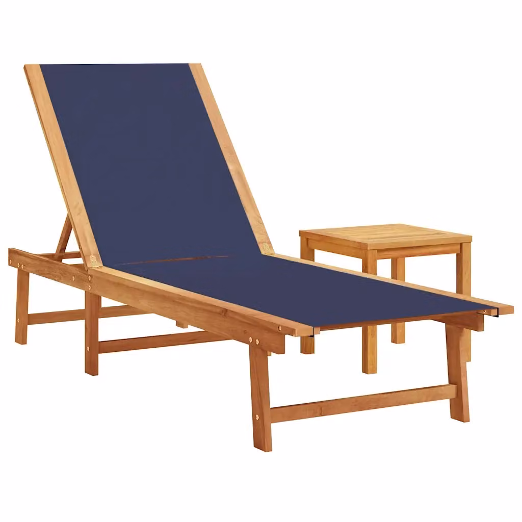 Lettino prendisole con tavolo vidaXL in legno di acacia oliato e tessuto textilene blu L: 110 cm, P: 66 cm, H: 98 cm – 2
