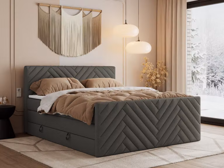 Letto boxspring MKS MEBLE 160x200 con contenitore e materasso H4 - Paris King Duo - Ecopelle grigia