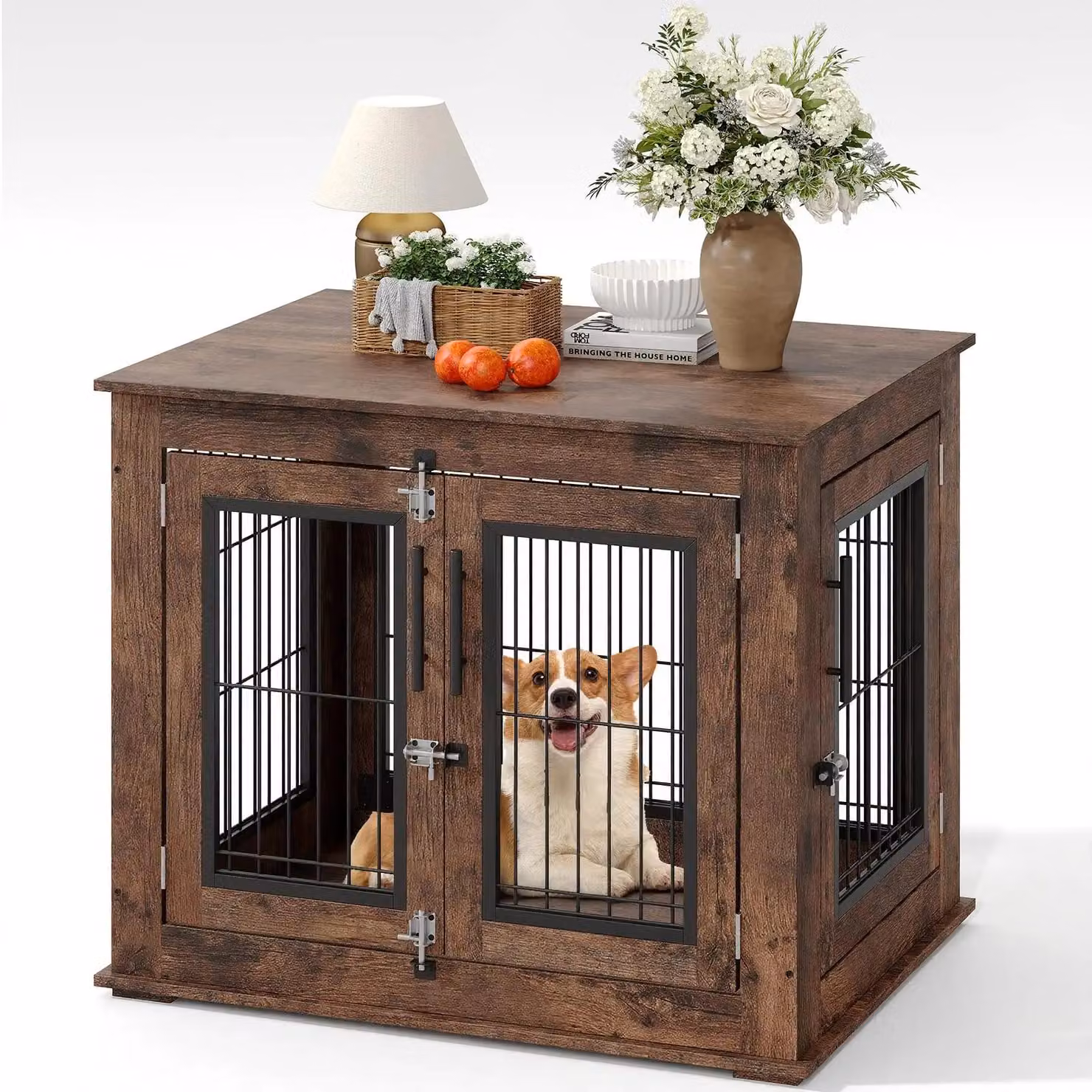 Trasportino per cani in legno – Utilizzabile anche come tavolino – Doppie porte – 80 x 60 x 66 cm – Adatto per interni – Per cani di piccola e media taglia – Colore marrone rustico
