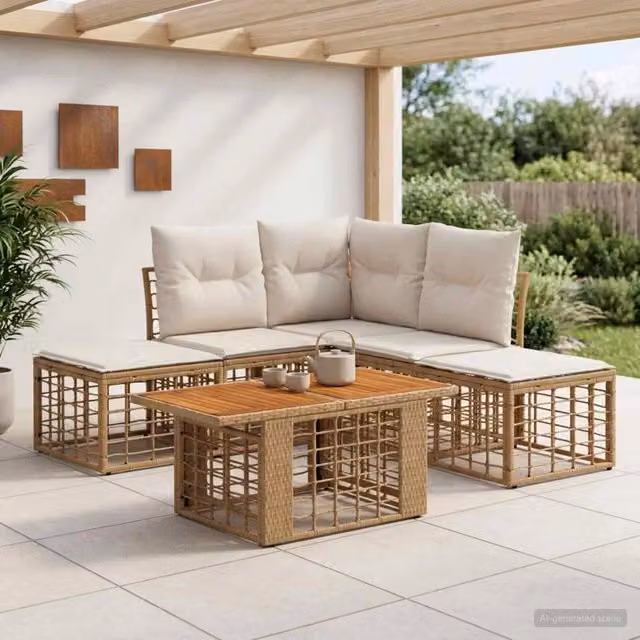 Set Divano da Giardino a L con Poltrona e Tavolino vidaXL, 6 Pezzi, Colore Beige e Bianco con Cuscini e Struttura in Metallo e Legno di Acacia