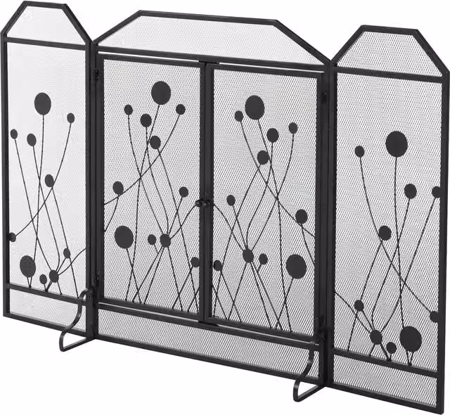 Parascintille per camino HOMCOM pieghevole con tre pannelli incernierati e due porte con chiusura magnetica in acciaio e metallo, nero, L: 125 cm, H: 80 cm