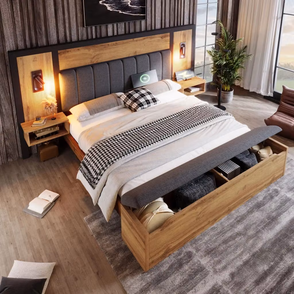 Letto matrimoniale MODFU con base contenitore a sollevamento, luci di lettura integrate, porta USB e mensola laterale, colore marrone, L/P: 160 x 200 cm – 2