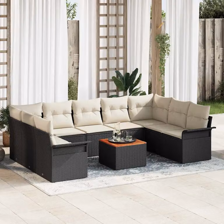 Set Divano da Giardino vidaXL 10 Pezzi con Cuscini Nero e Beige con Tavolino e Struttura in Metallo