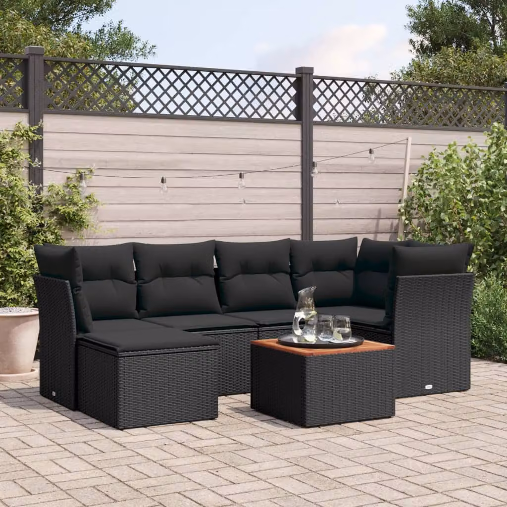 Set Divani da Giardino vidaXL in Polyrattan Nero con 7 Cuscini e Tavolino – 1