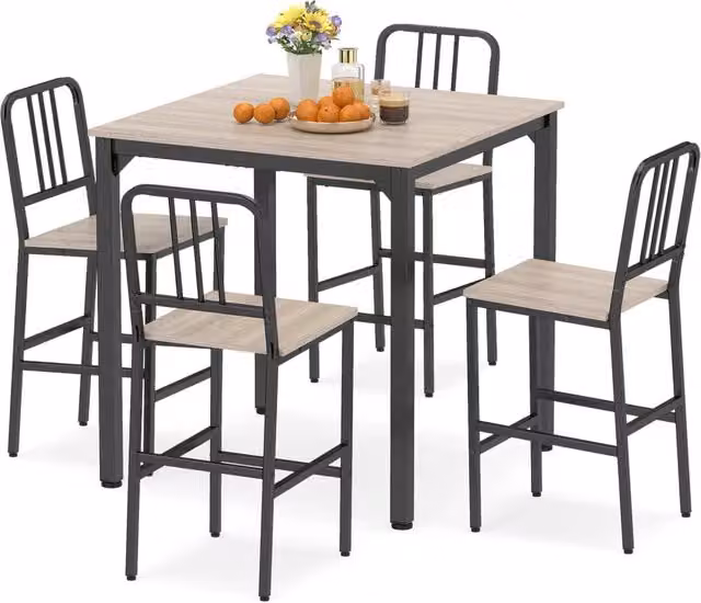 Set da pranzo con tavolo alto per 4 persone con superficie in finto marmo, Set cucina bar 5 pezzi per sala da pranzo Grigio