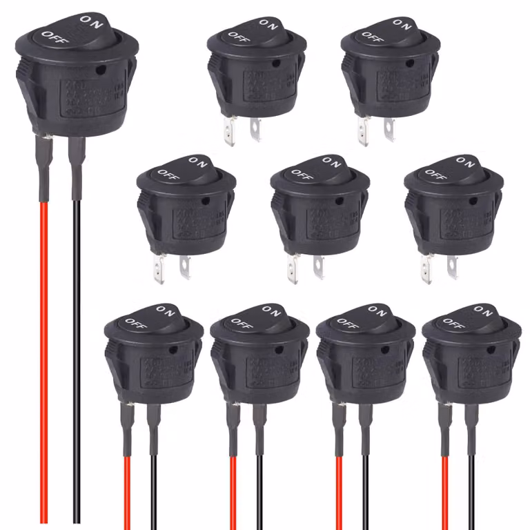 Set di 10 interruttori a levetta, rotondi, 12V, 6A/250V, con funzione ON/OFF, a 2 poli