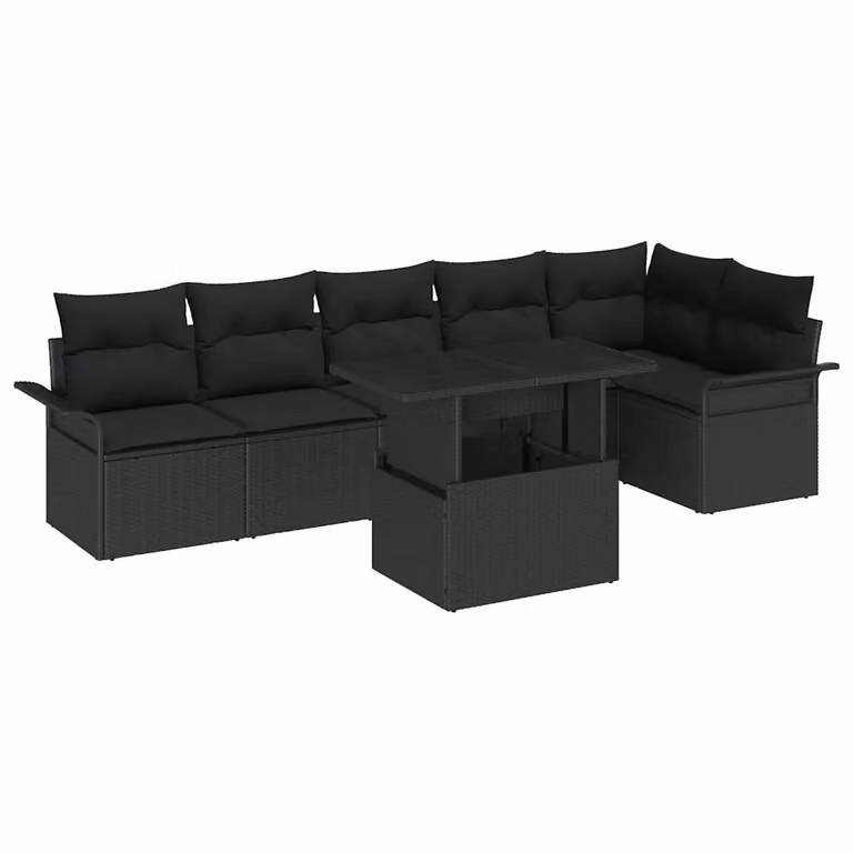 Set Divano da Giardino vidaXL 7 Pezzi Moderno a Forma di L con Cuscini e Tavolino Nero