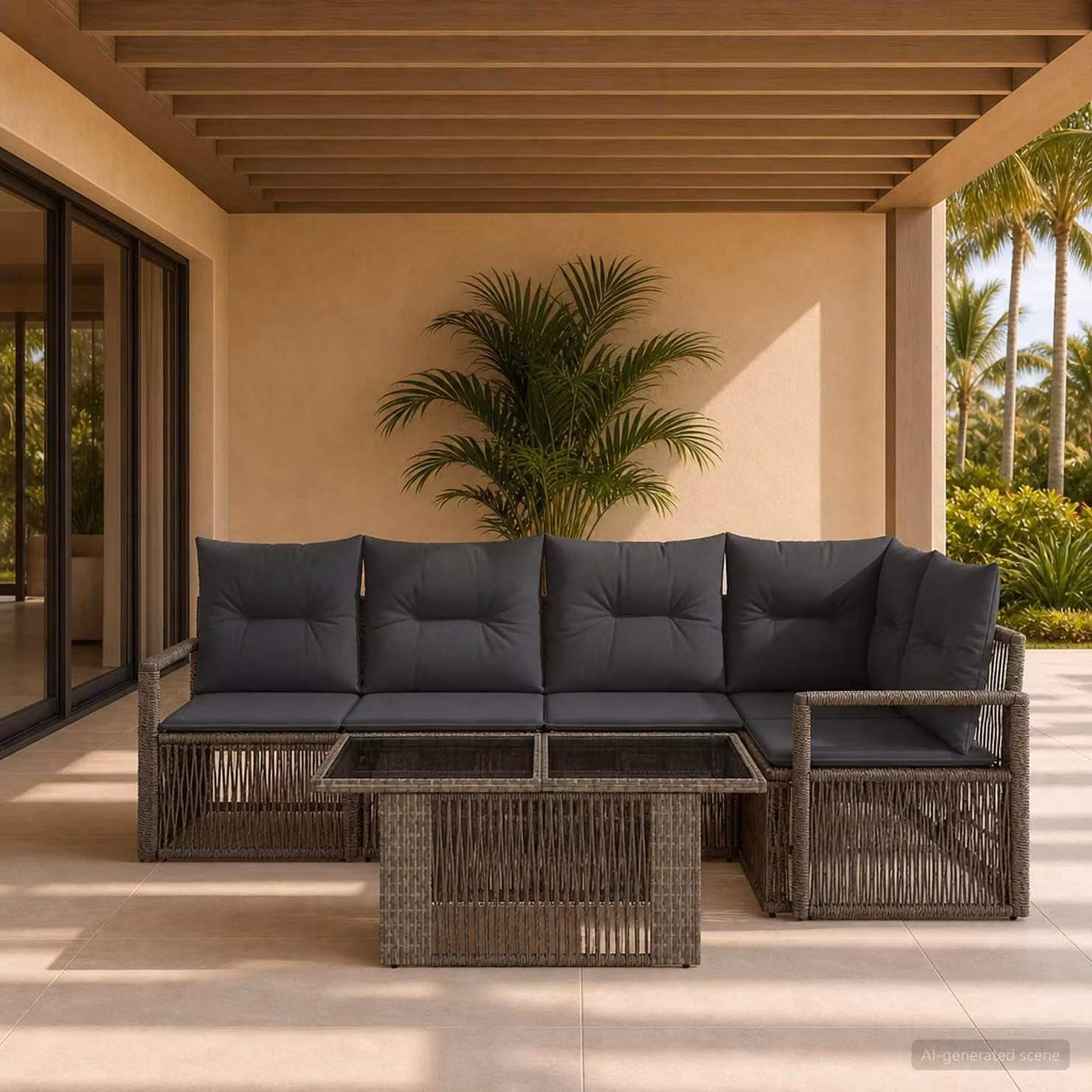 Set Divano da Giardino vidaXL 5 Pezzi a Forma di L con Tavolino, Polyrattan e Cuscini, Grigio e Antracite