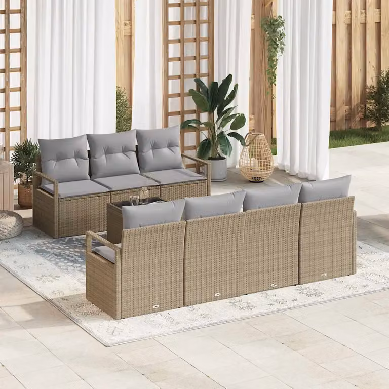 Set di divani da giardino vidaXL 8 pezzi con tavolo in vetro, design moderno a L, colore beige e grigio con poltroncine e struttura in metallo e rattan resistente ai raggi UV