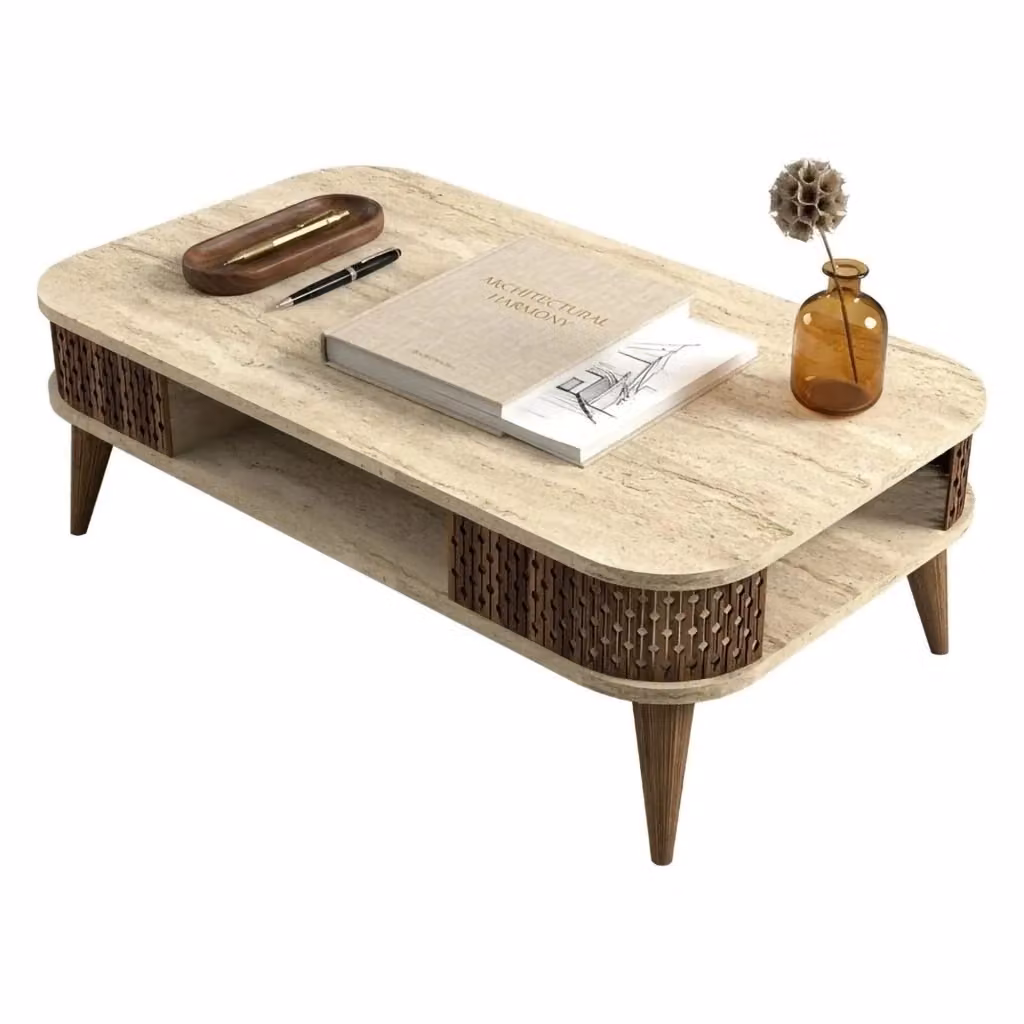 Tavolino da salotto moderno Medicina con un vano, finitura marmo beige e marrone, L: 105 cm, P: 60 cm, H: 35 cm – 2