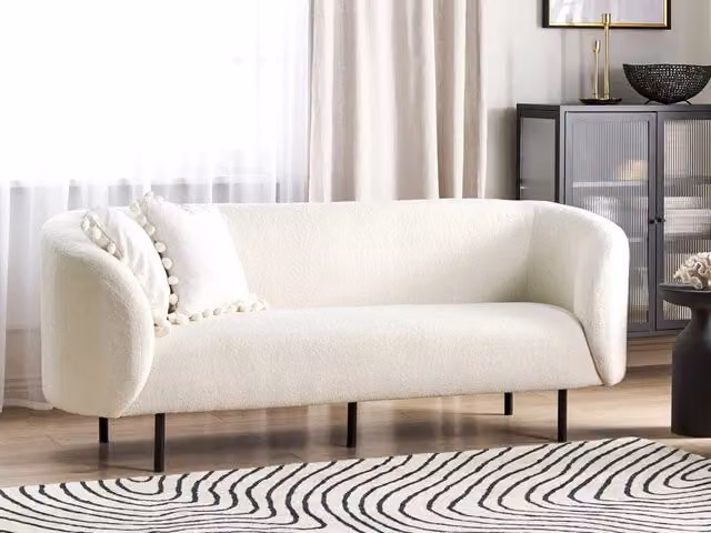 Divano 3 posti BELIANI in tessuto bouclé bianco e nero con gambe in metallo nero stile glamour per il tuo soggiorno L: 200 cm, P: 79 cm, H: 70 cm – 1