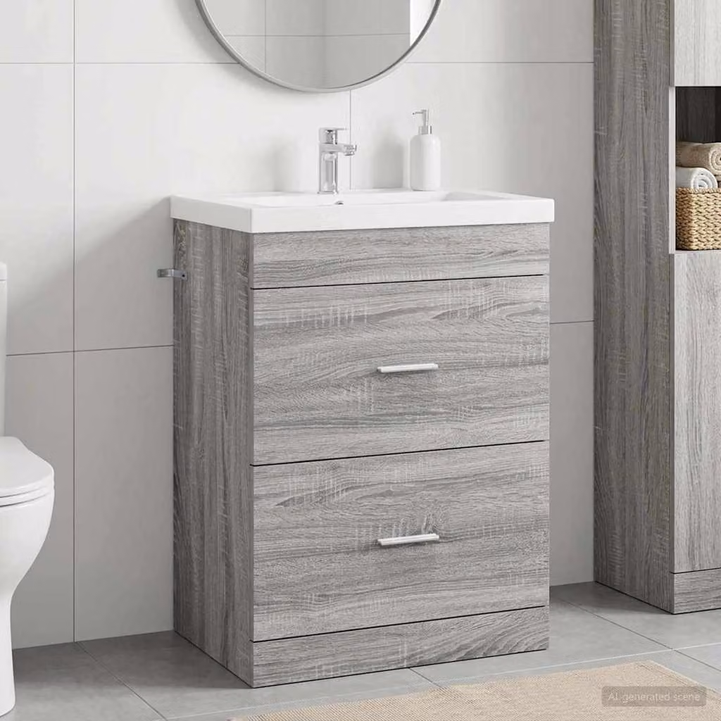 Mobiletto da bagno sotto lavabo vidaXL in legno e MDF color grigio, L: 56 cm, P: 37,5 cm, H: 81 cm