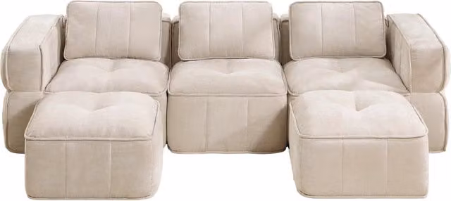 Divano modulare con seduta profonda, pouf e design senza struttura in poliestere beige 271 × 162 × 67 cm