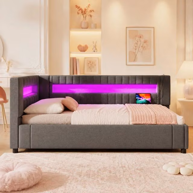Letto singolo 90x200 cm con contenitore idraulico, LED, USB e USB-C grigio HAVRYA
