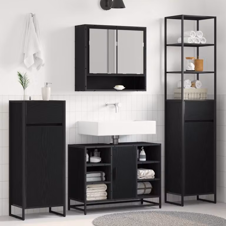 Mobile da bagno stile industrial vidaXL in legno e metallo nero, L: 40 cm, P: 30 cm, H: 180 cm