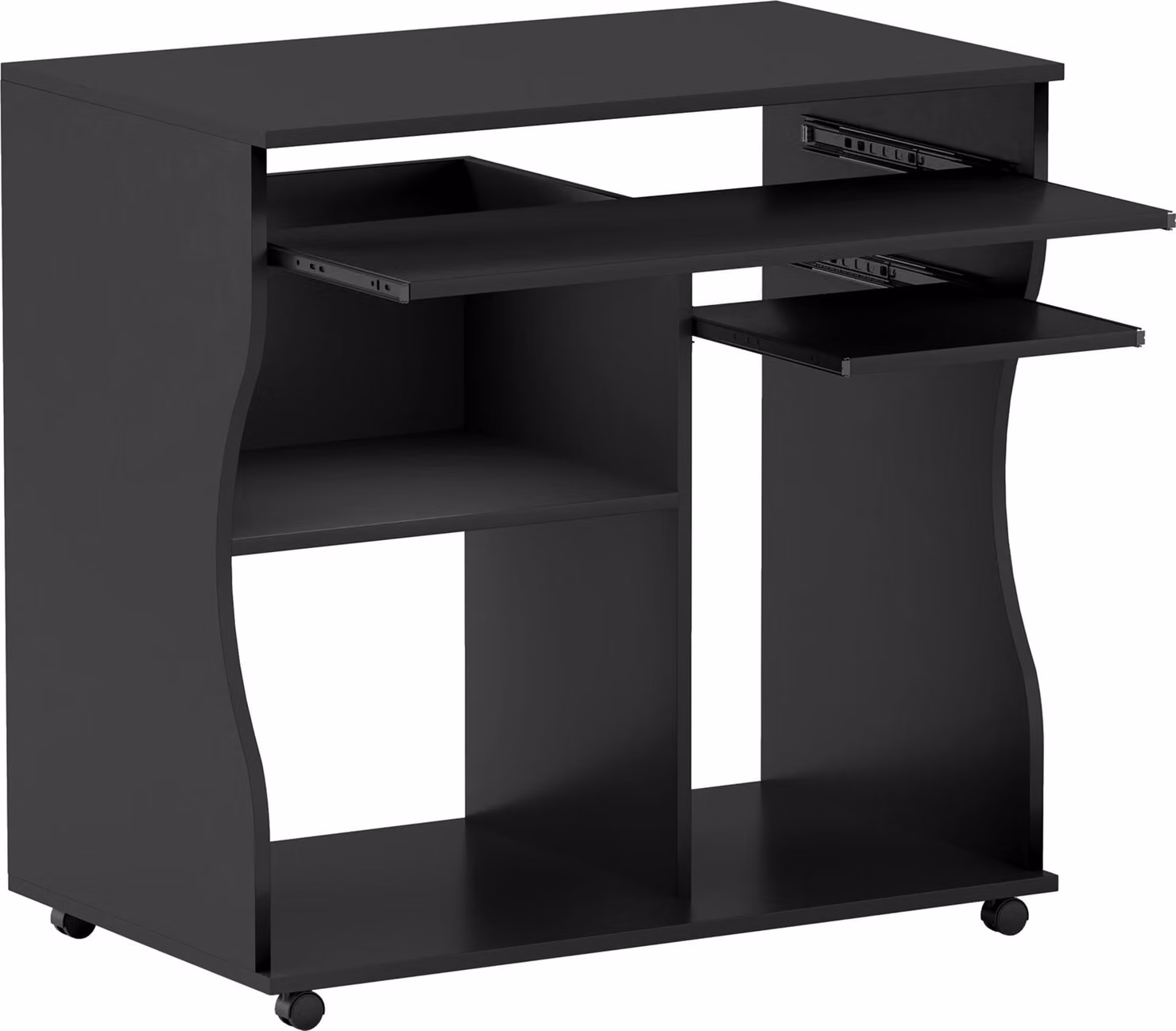 Postazione di lavoro Moonbite per PC, con ruote, dimensioni 80 x 48 cm; scrivania con cassetto per tastiera, dimensioni 76 x 30 cm; ripiani per stampante e computer; scrivania da ufficio mobile; materiale: legno, colore: nero