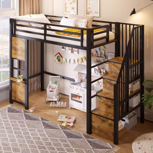 Letto a soppalco ULEVR 90x200 cm con scala contenitore, ripiano laterale e spazio gioco, nero