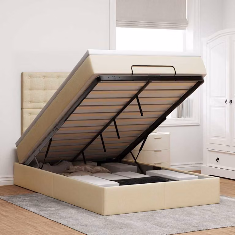 Letto con contenitore a sollevamento vidaXL in tessuto beige e bianco con materasso, L/P/H: 120 x 200 x 193 cm
