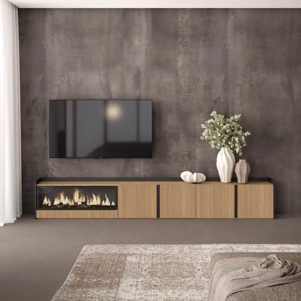 Mobile TV per soggiorno SKRAUT HOME con camino elettrico XXL, Rovere e Nero, L: 315 cm, P: 50 cm, H: 35 cm – 2