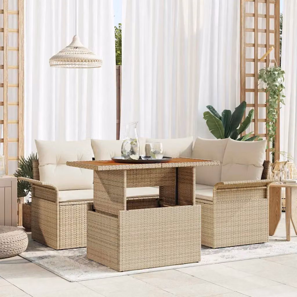 Set Divano da Giardino Moderno vidaXL in Polyrattan Beige, 5 Pezzi – 1
