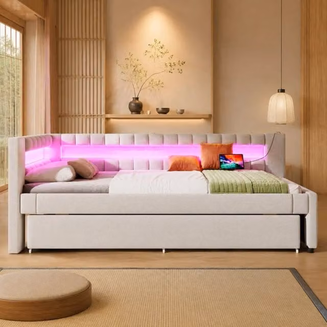 Letto estraibile moderno REDOM con struttura imbottita e porta USB, colore beige e multicolore, L/P: 90 x 200 cm