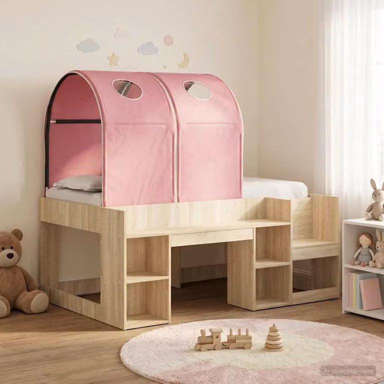 vidaXL Letto per bambini con tunnel in legno ingegnerizzato e tessuto, Rovere e Rosa, L: 190 cm, P: 108,5 cm, H: 163 cm
