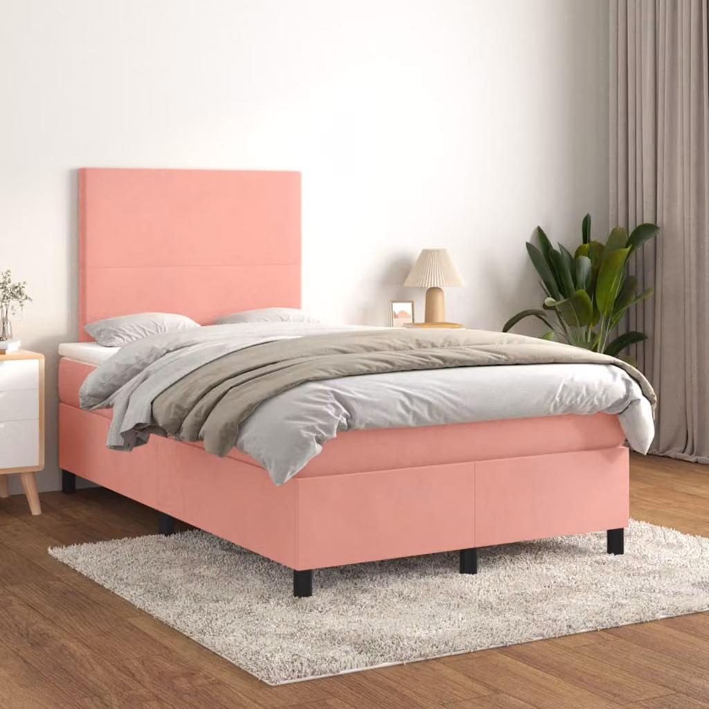 vidaXL Letto Ibrido con Giroletto a Molle e Materasso in Velluto Rosa e Bianco, L/P/H: 200 x 120 x 128 cm