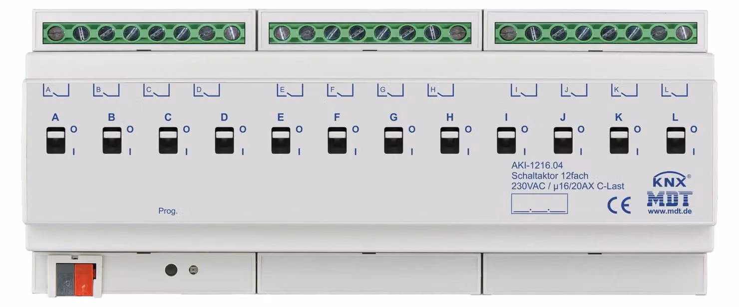 MDT KNX Attuatore di commutazione 12 vie C-Load 16/20A REG, 1 pz.