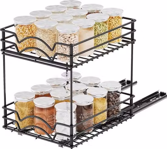 Organizzatore per erbe estensibile per armadio - robusto - estensibile - organizzatore per cucina erbe - organizzatore per armadio - 2 strati - cassetti con corda a scomparsa - nero opaco