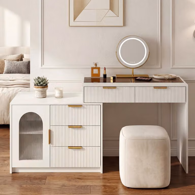 Comò da trucco okiwish con luci LED e piano in vetro, moderno comò da trucco con cassetti, design estensibile, ideale per camere da letto, colore bianco