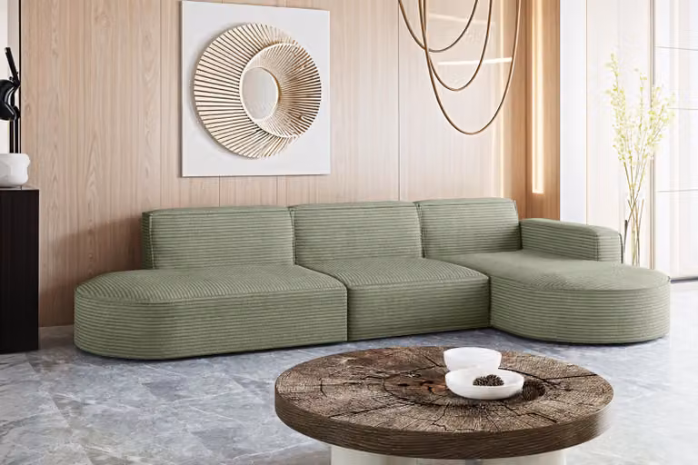 Divano ad angolo di design, divano a L MODENA tessuto Poso verde chiaro destro