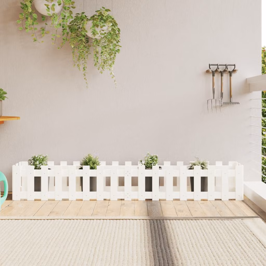 Fioriera da giardino a recinzione vidaXL in legno di pino massello, colore bianco, L 200 x P 30 x H 30 cm
