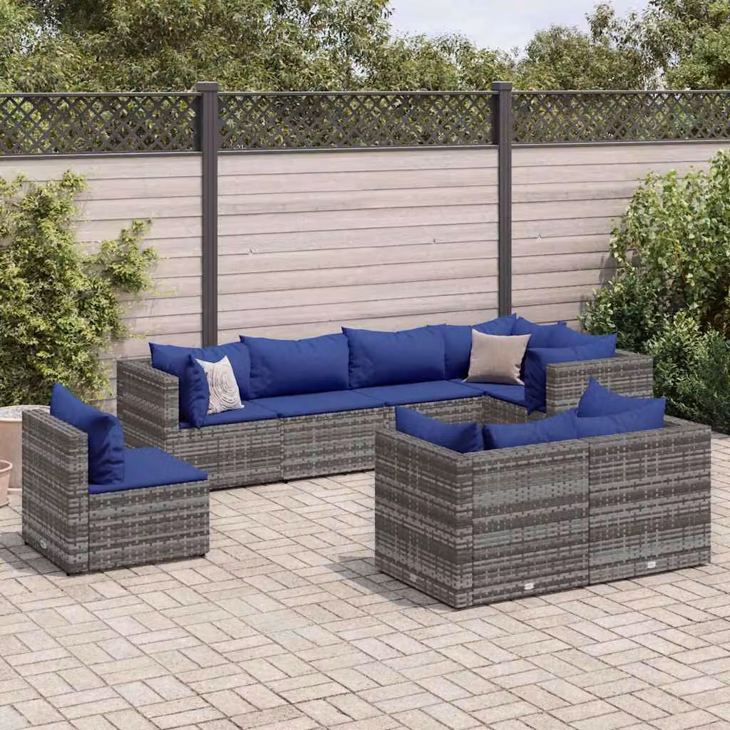 vidaXL Set Divani da Giardino 8 pz a Forma a L con Cuscini Blu e Grigio in Polyrattan e Metallo – 1