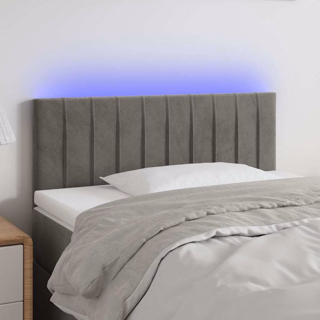 Testiera per letto vidaXL in velluto grigio chiaro con illuminazione LED integrata e porta di ricarica USB, L 100 cm, P 5 cm, H 78-88 cm