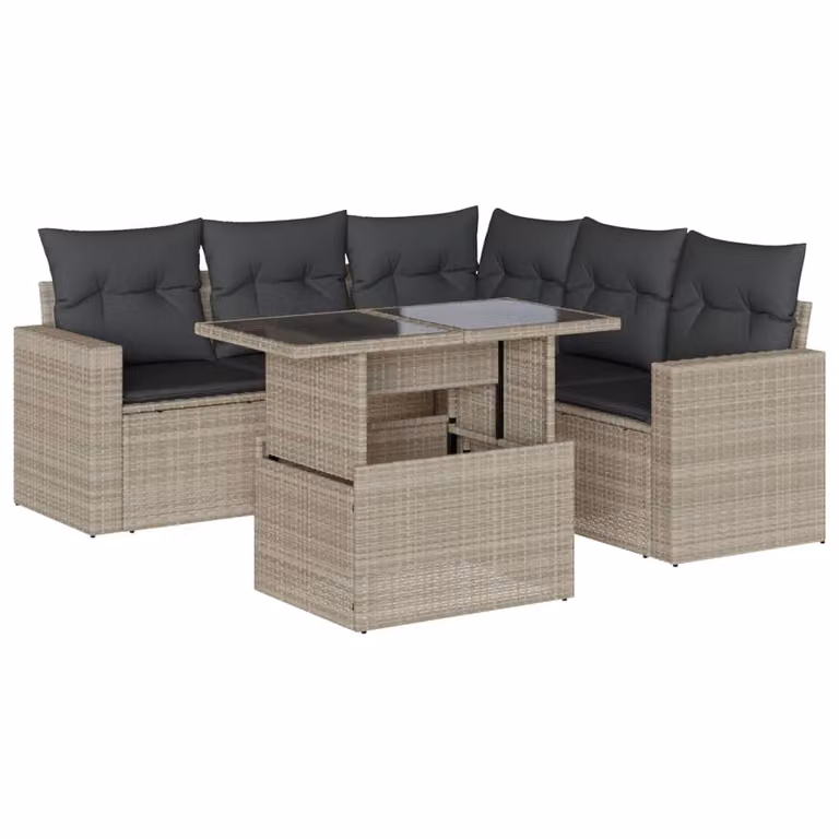 Set Divano da Giardino 6pz con Cuscini Grigio Chiaro Polyrattan