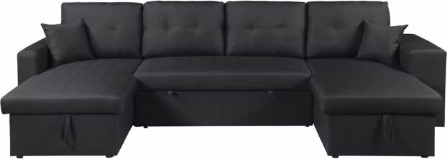 Divano angolare trasformabile Axel in tessuto nero con struttura in legno massello, modello a L con funzione letto e cuscini inclusi, L/P/H: 298 x 146 x 86 cm