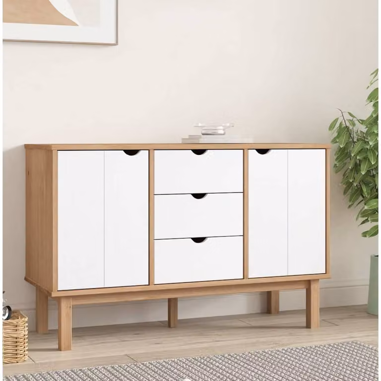 Credenza scandinava vidaXL OTTA in legno di pino cerato, Marrone e Bianco, L 113,5 cm x P 43 cm x H 73 cm