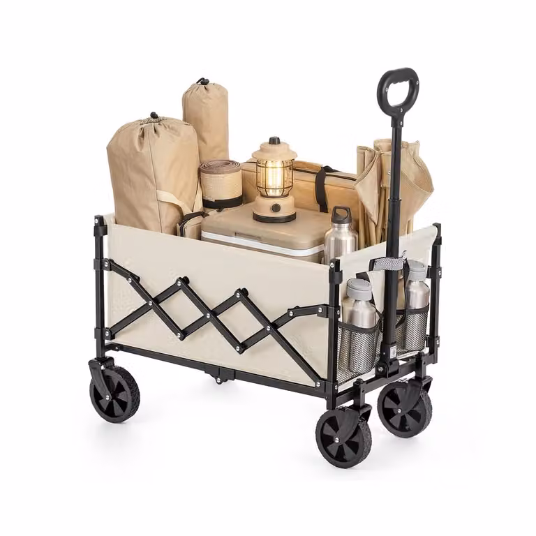 Carrello Pieghevole da Giardino con Manico e Ruote Rinforzate, Beige Sabbia / 90 L