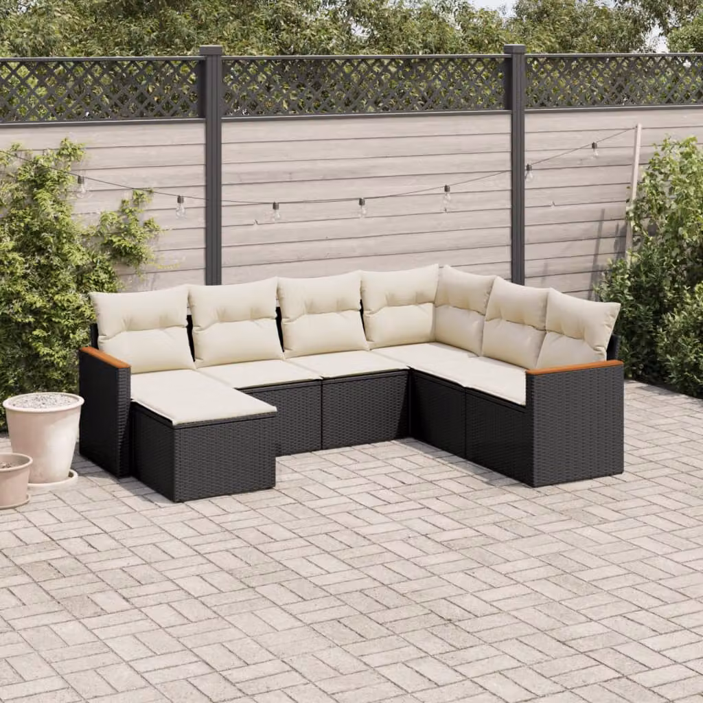 vidaXL Set Divani da Giardino a L con Cuscini 7pz in Polyrattan Nero e Bianco – 1