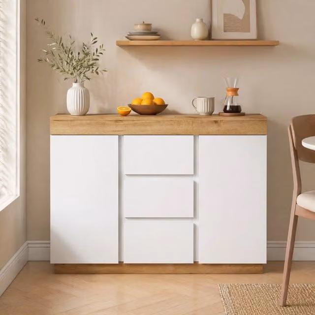 Cassettiera REDOM con 3 cassetti e 2 ante in stile classico, bianco e rovere, ideale per camera da letto o soggiorno