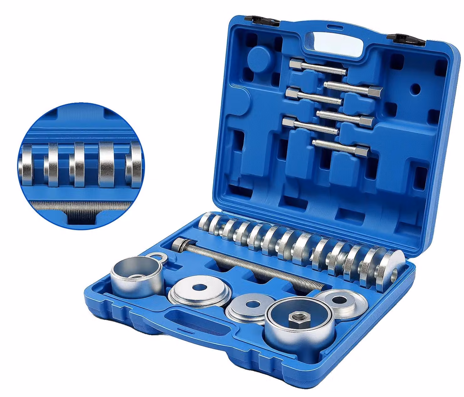 Kit per la pressatura di cuscinetti a rulli, realizzato Acciaio al carbonio, dimensioni della scatola: 43 cm x 35 cm x 10 cm, diametro della piastra di pressione: 50-83,4 mm, diametro del cono: 76-102 mm, peso lordo: 13 kg