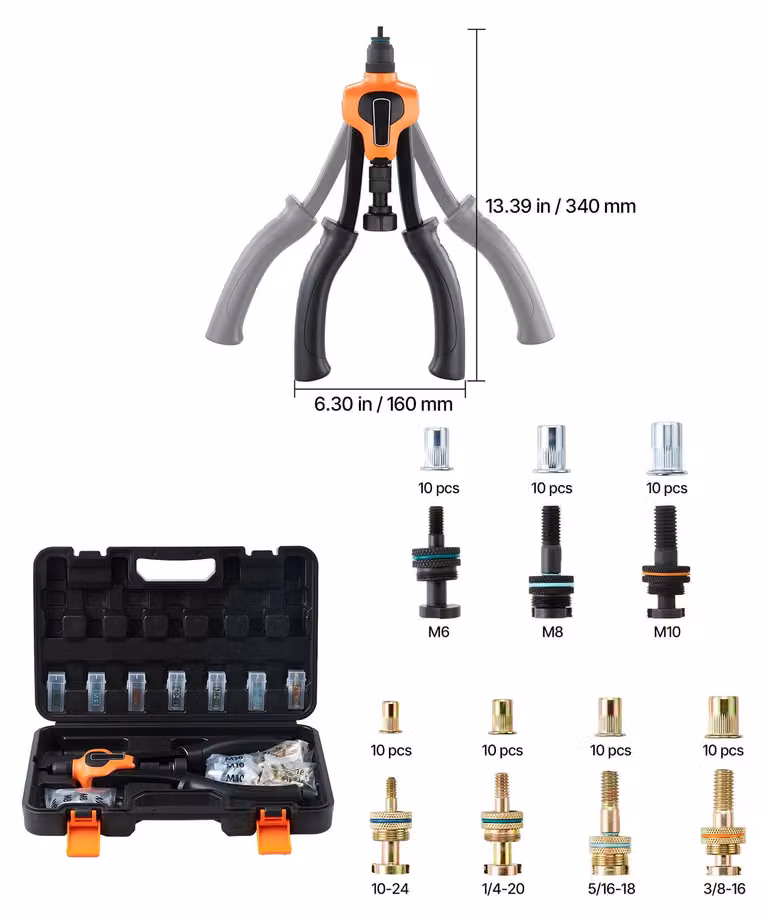 Kit di strumenti per Rivnut, con mandrini intercambiabili, impugnature ergonomiche, 35,5 cm