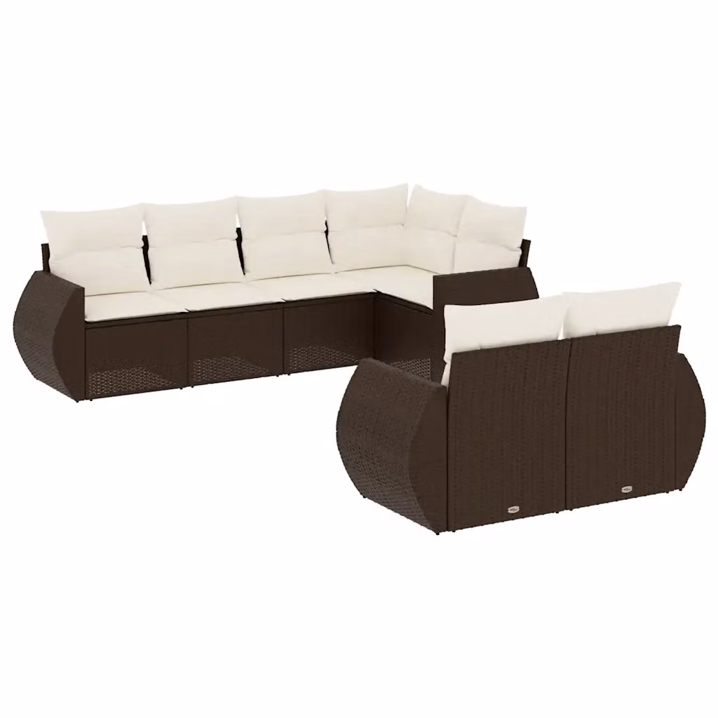 Set di divani da giardino vidaXL a forma di L composto da 7 pezzi in polyrattan marrone con cuscini bianchi e imbottitura rimovibile – 2