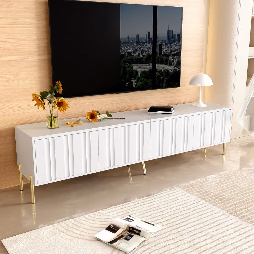 Mobile TV moderno bianco con 4 ante, 8 ripiani e gambe dorate L: 190 cm, P: 48 cm, H: 38 cm – 2