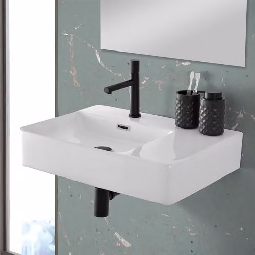Lavabo sospeso rettangolare 60x43 in ceramica lucida, vasca decentrata a sinistra e ripiano d’appoggio, forato per troppo pieno e rubinetteria