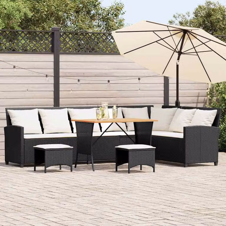 vidaXL Set Divani da Giardino 4 pz a Forma L in Polyrattan Nero con Cuscini e Tavolino da Esterno