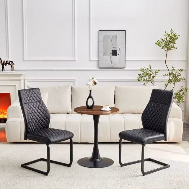 Set tavolo rotondo Mivray con 2 sedie da pranzo in MDF e metallo, colore nero e noce, design moderno con schienale trapuntato, L: 120 cm, H: 72 cm