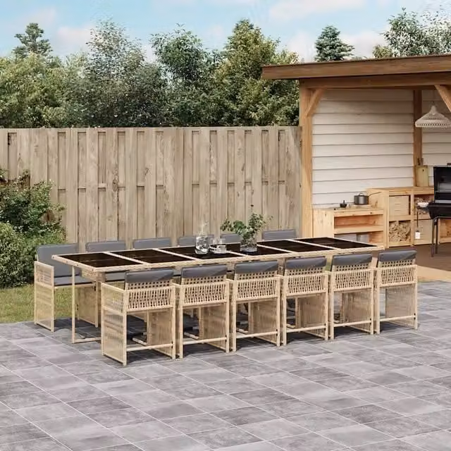 Set Pranzo da Giardino vidaXL in Polyrattan con Tavolo in Vetro e 13 Pezzi, Colore Beige e Grigio